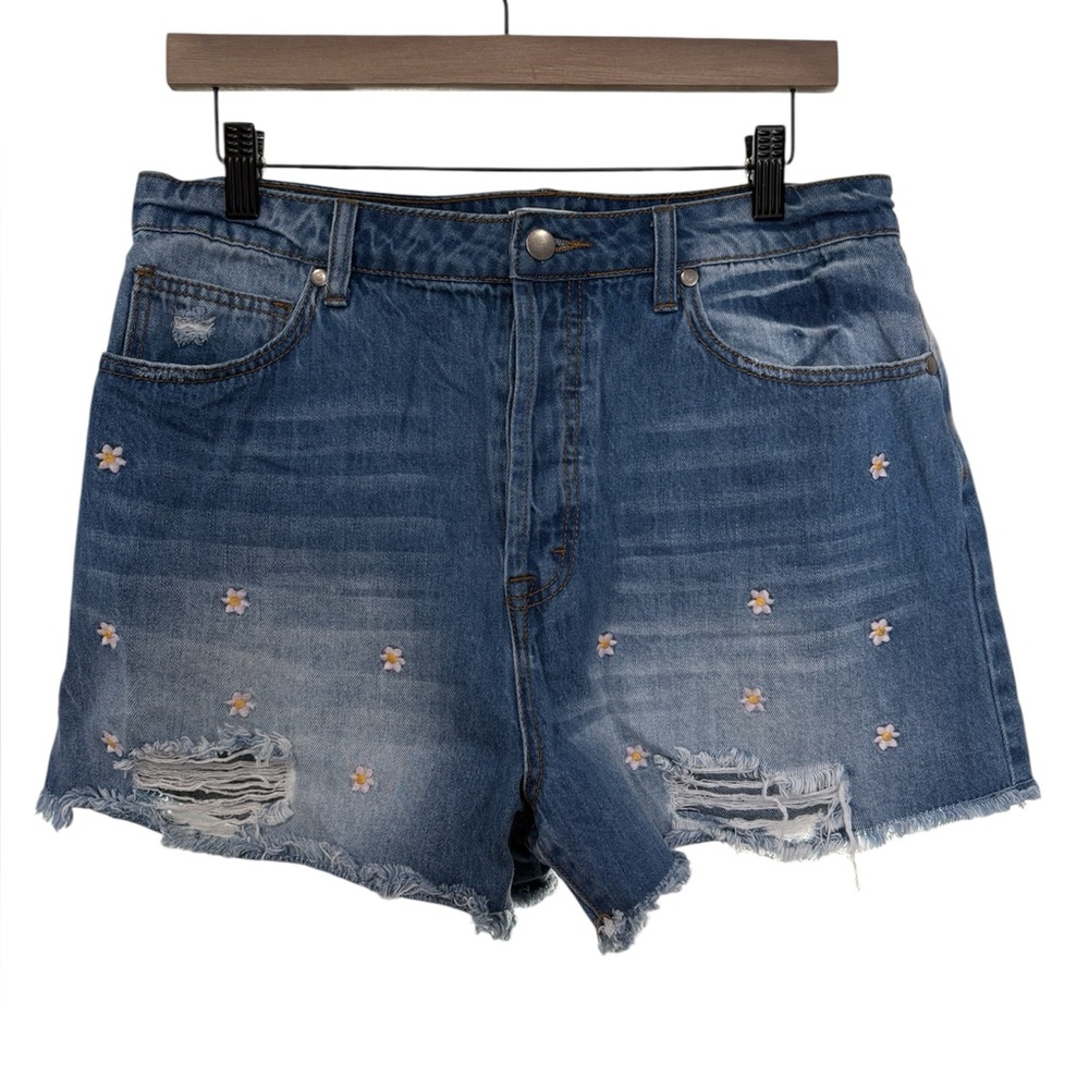 Easel Daisy Embroidered Distressed Denim Shorts Blue Large High Waisted